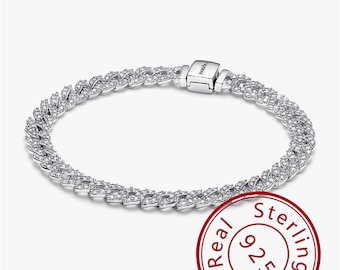 Bransoletka Pandora Pavé Cuban Chain, bransoletka z zawieszkami ze srebra 925, minimalistyczna bransoletka, delikatna bransoletka, codzienna bransoletka damska, prezent