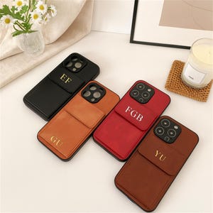 Personalized Leather iPhone Case with Card Holder & Stand, Initial Monogram