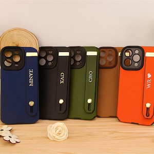 Personalized Vegan Leather iPhone Case with Strap, Monogrammed iPhone 16, 15, 14