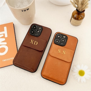 Personalized Leather iPhone Wallet Case, Gold/Silver Initials, Card Holder