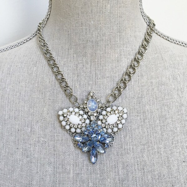 Ice blue and white vintage rhinestone assemblage statement necklace