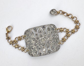 Repurposed Antique Rhinestone shoe Buckle bracelet with brass chain