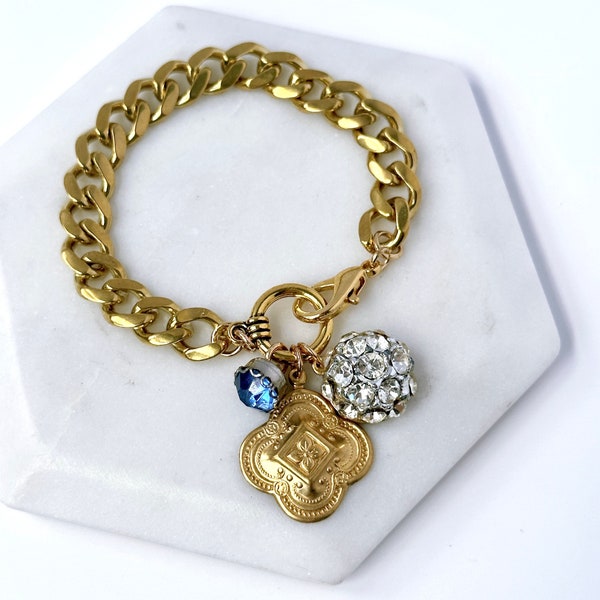 Refashioned vintage assemblage charm bracelet with heavy brass curb chain