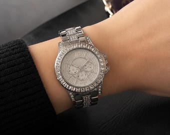 Silver Iced Out Watch Women Crystal Rhinestone Chronograph Trendy