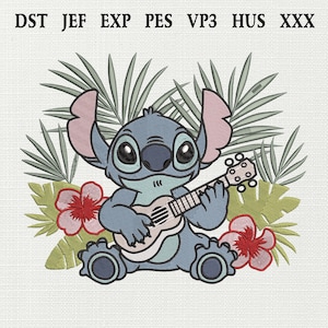 Stitch Playing Guitar Embroidery, Tropical Cartoon Machine Embroidery, Tropical Embroidery, Stitch Hawaiian Embroidery, Cartoon Embroidery
