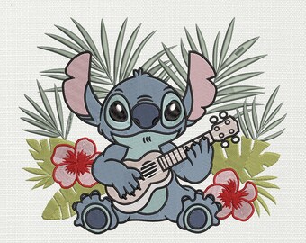 リロ・アンド・スティッチがギターを弾く刺繍デザイン、スティッチの