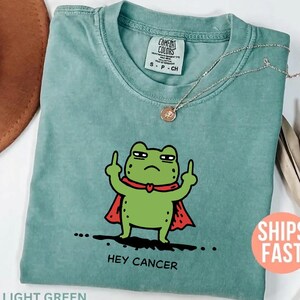 May include: Light green t-shirt with a cartoon frog graphic. The frog is green with a red cape and is giving the middle finger. The text "HEY CANCER" is below the frog. A silver necklace with a pendant is on the shirt.