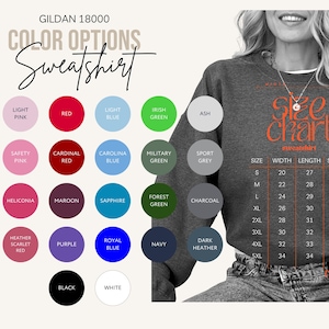 Puede incluir: Una sudadera gris oscuro con un gr&aacute;fico de tabla de tallas naranja. La imagen muestra opciones de color, incluyendo rojo, azul, verde y rosa. La sudadera es parte de la colecci&oacute;n Gildan 18000.