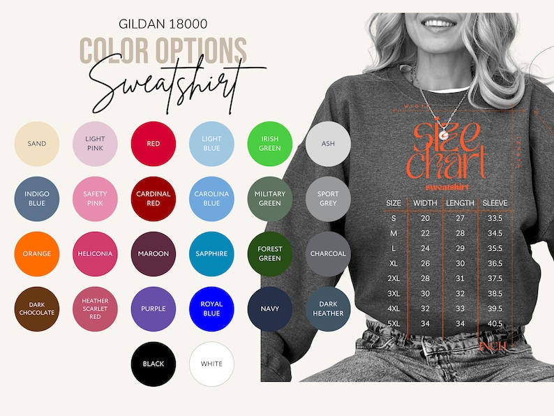 Puede incluir: Una sudadera gris oscuro con un gr&aacute;fico de tabla de tallas naranja. La imagen muestra opciones de color, incluyendo rojo, azul, verde y rosa. La sudadera es parte de la colecci&oacute;n Gildan 18000.