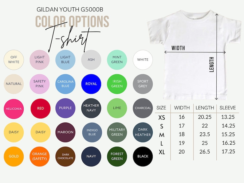 Puede incluir: Camiseta blanca juvenil con opciones de tallas y colores. La imagen incluye una carta de colores con varias opciones como rosa claro, azul claro y negro. Las medidas se proporcionan en pulgadas para el ancho, el largo y la manga.