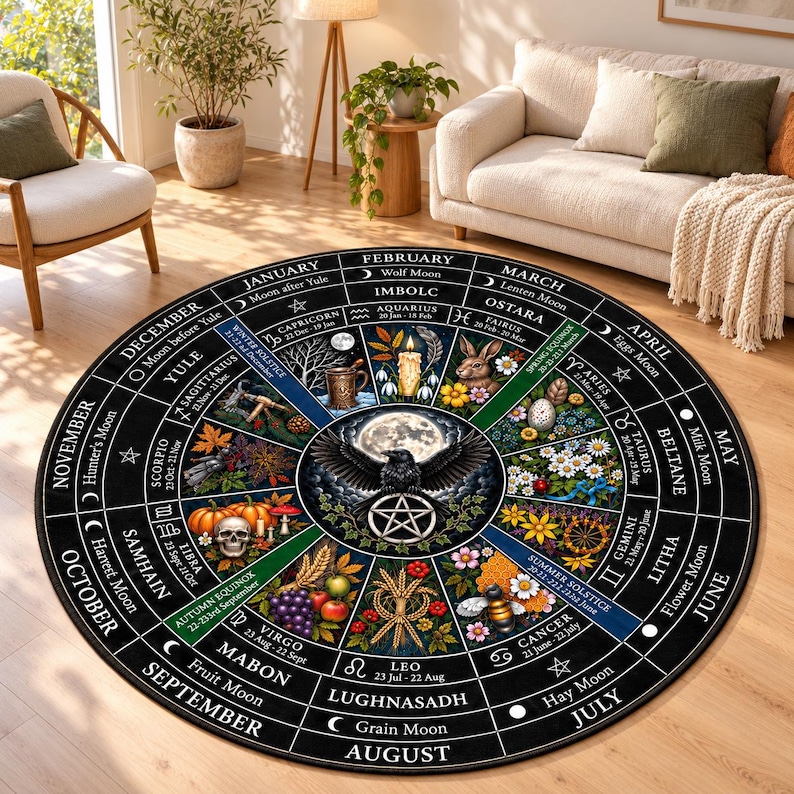 Zodiac Sign Rug Wheel of the Year 3D Velvet Rug, Wiccan Round Rug, Zodiac Moon Phase ...