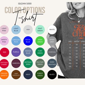 Puede incluir: Imagen de una camiseta gris con una tabla de tallas y opciones de color. Las opciones de color incluyen Blanco roto, Rosa claro, Azul claro, Ceniza, Verde menta, Blanco, Natural, Rosa de seguridad, Azul Carolina, Azul real, Verde irland&eacute;s, Gris deportivo, Heliconia, Rojo, P&uacute;rpura, Azul &iacute;ndigo, Verde c&eacute;sped, Carb&oacute;n, Margarita, Cereza antigua, Granate, Irland&eacute;s antiguo, Verde militar, Brezo oscuro, Oro, Naranja (Seguridad), Chocolate oscuro, Azul marino, Verde bosque y Negro.