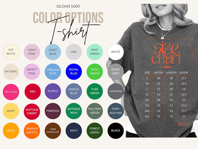 Puede incluir: Imagen de una camiseta gris con una tabla de tallas y opciones de color. Las opciones de color incluyen Blanco roto, Rosa claro, Azul claro, Ceniza, Verde menta, Blanco, Natural, Rosa de seguridad, Azul Carolina, Azul real, Verde irland&eacute;s, Gris deportivo, Heliconia, Rojo, P&uacute;rpura, Azul &iacute;ndigo, Verde c&eacute;sped, Carb&oacute;n, Margarita, Cereza antigua, Granate, Irland&eacute;s antiguo, Verde militar, Brezo oscuro, Oro, Naranja (Seguridad), Chocolate oscuro, Azul marino, Verde bosque y Negro.