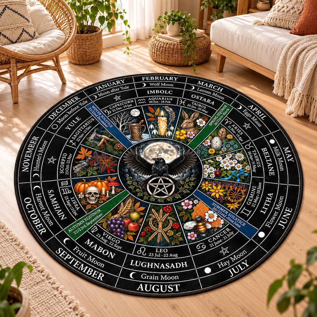 Zodiac Sign Rug Wheel of the Year 3D Velvet Rug, Wiccan Round Rug, Zodiac Moon Phase ...