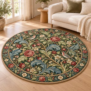 May include: A round area rug featuring a dark green background with a dense pattern of red roses, white flowers, and blue-green acanthus leaves. Two small birds are perched among the floral branches, and the rug has a decorative border.