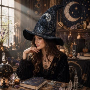May include: A dark blue pointed hat featuring an embroidered black raven, a full moon, and intricate silver celestial patterns. The hat has a wide, curved brim and a tall, structured crown, crafted with detailed needlework and shimmering accents.