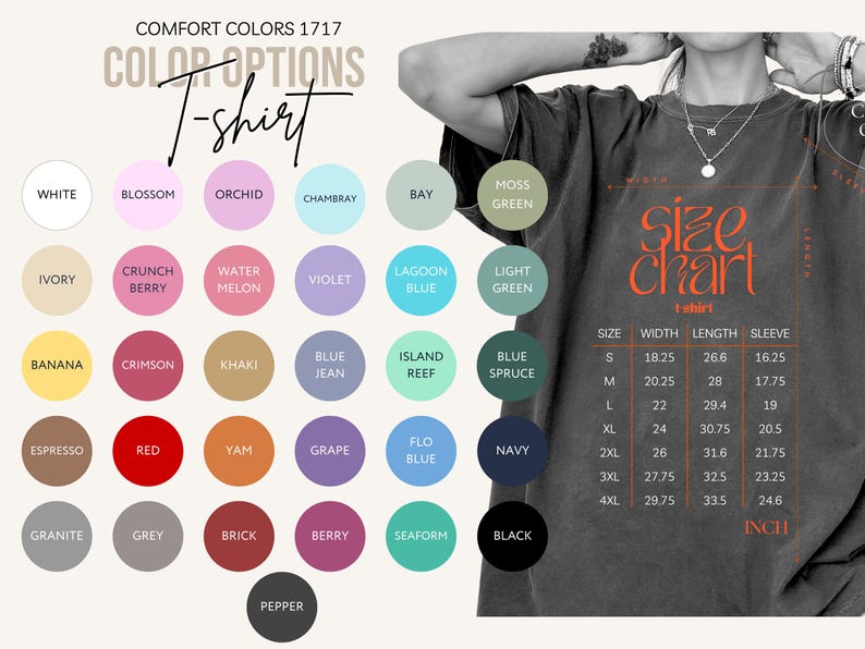 Puede incluir: Una tabla de colores de camisetas Comfort Colors 1717 con varias opciones de color en formato circular. La tabla incluye colores como blanco, blossom, orqu&iacute;dea y bay. Tambi&eacute;n se incluye una tabla de tallas, con medidas en pulgadas.