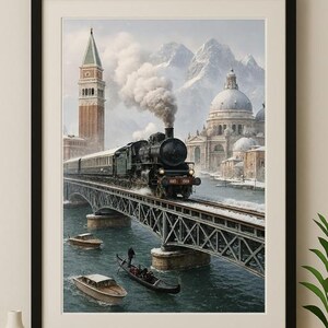 May include: Framed art print of a vintage steam train crossing a bridge in a snowy Venice scene. The black train is the focal point, with a plume of white smoke. Gondolas and boats are in the water below, with buildings and mountains in the background.