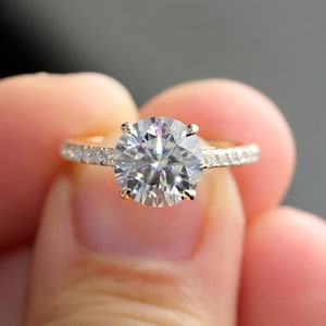 Pave Set Side-Stone Round Moissanite Engagement Ring, 14k Solid Gold Moissanite Ring for Women, 2 CT Promise Ring, Personalized Gift for Her