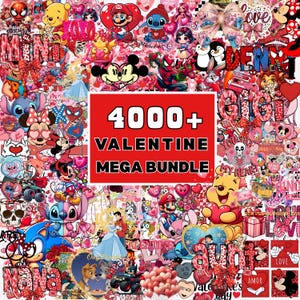 Puede incluir: Un vibrante collage de pegatinas y gráficos con temática de San Valentín. La imagen presenta personajes como Mickey Mouse, Stitch y Mario, junto con corazones y lazos. Un gran rectángulo rojo en el centro dice "4000+ VALENTINE MEGA BUNDLE."