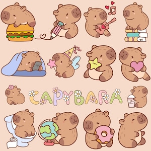 May include: A collection of cartoon capybaras in various poses and with different accessories. One capybara is on a burger, another is playing a guitar, and others are holding a pencil, star, heart, and globe. The word "CAPYBARA" is spelled out with floral letters.