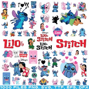 May include: A collection of various cartoon images of Stitch and Lilo from Disney's Lilo & Stitch. The images include Stitch in various poses, along with Lilo, hearts, and text that says "Love" and "Disney's Lilo & Stitch".