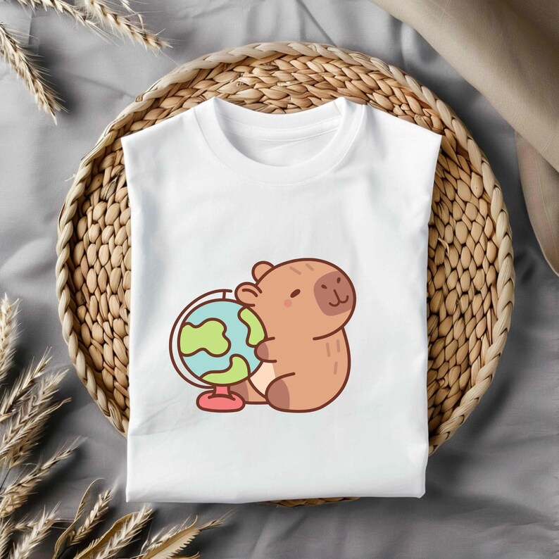 May include: White t-shirt with a cartoon capybara holding a globe. The capybara is brown with a light brown belly and a smiling face. The globe has blue and green continents. The shirt is presented on a woven tray, with a neutral background.