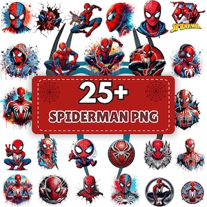 May include: A selection of 25+ Spiderman PNG images showcasing the superhero in diverse poses and artistic styles. The images predominantly feature the classic red and blue Spiderman suit, with some designs incorporating dynamic action poses. The text "25+ SPIDERMAN PNG" is on a red background.