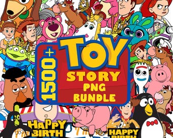 Puede incluir: Gráfico digital con numerosos personajes de la película animada "Toy Story". La imagen incluye el texto "Toy Story PNG Bundle" y "Happy Birthday Toy Day". Los personajes están en varias poses y colores.