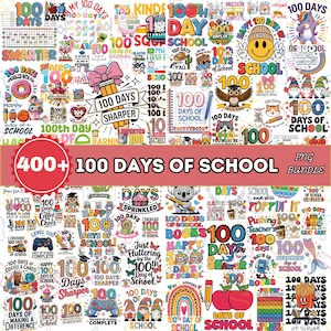 以下が含まれることがあります： 「100日間の学校」をテーマにした、カラフルなPNGグラフィックのコレクション。鉛筆、リンゴ、スマイリーフェイス、テキストなど、さまざまなデザインの画像が含まれています。このバンドルには400以上の画像が含まれています。
