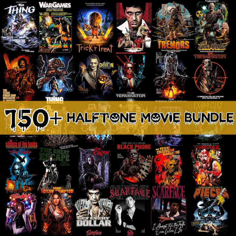 Op de afbeelding: Een verzameling filmposters met iconische films zoals "The Thing", "Scarface" en "The Terminator". De posters zijn gerangschikt in rijen en kolommen, met een banner met de tekst "750+ Halftone Movie Bundle."