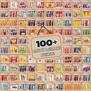 May include: A grid of various candy and snack products, including Skittles, Hershey's, and Mike & Ike. A sign in the center reads "100+ Candy & Snacks Bundle."
