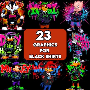May include: An image showcasing 23 graphics designed for black shirts, featuring cartoon characters in hip-hop style. Characters include Sylvester, Yogi Bear, Porky Pig, Bugs Bunny, Daffy Duck, Mickey Mouse, and Woody Woodpecker.