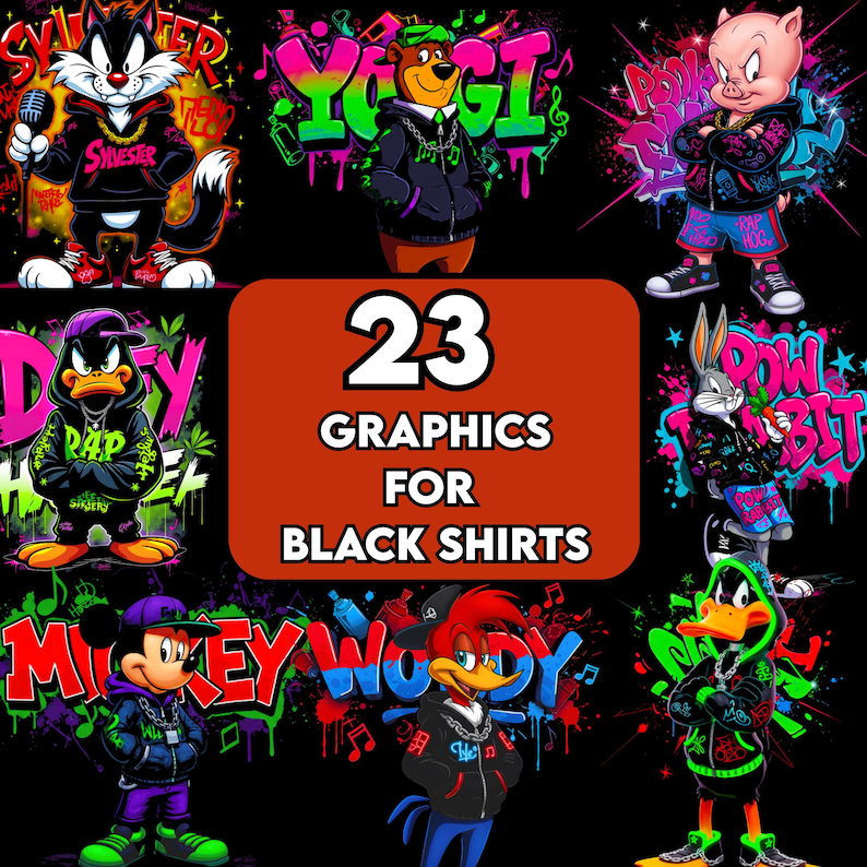 May include: A collection of 23 graphics for black shirts featuring cartoon characters in hip-hop attire. The designs include Sylvester the Cat, Yogi Bear, Porky Pig, Bugs Bunny, Daffy Duck, Mickey Mouse, and Woody Woodpecker.