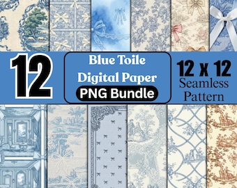 Blue Toile Seamless Patterns: Coquette Bow Digital Paper (PNG)