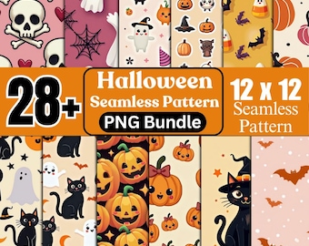 Cute Halloween Digital Paper Bundle, Spooky Ghost & Pumpkin Patterns, Orange Bat Scrapbook, Pink Backgrounds