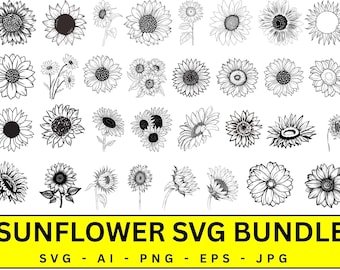 May include: A selection of black and white sunflower illustrations. The image features detailed drawings of sunflower heads, some with stems and leaves. The text "SUNFLOWER SVG BUNDLE" is displayed in a yellow rectangle.