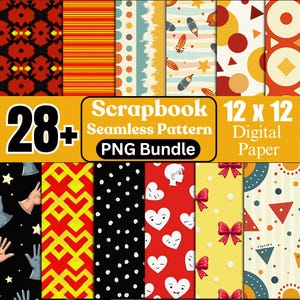 Op de afbeelding: Een digitale scrapbook papierbundel met 28+ naadloze patronen. De ontwerpen omvatten geometrische vormen, strepen, stippen en illustraties. De tekst op de afbeelding luidt "Scrapbook Seamless Pattern PNG Bundle 12 x 12 Digital Paper."