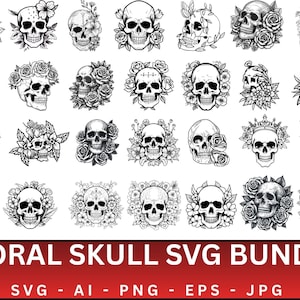 Halloween Floral Skull SVG Bundle: Gothic Flower Graphics (Digital Download
