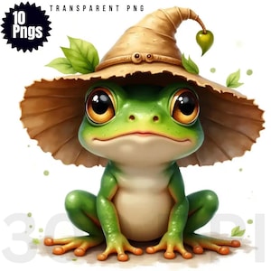 Peut inclure: Illustration fantaisiste d'une grenouille verte portant un chapeau de sorcière beige orné de feuilles vertes. La grenouille a de grands yeux expressifs et des pieds orange. Le texte "TRANSPARENT PNG" et "10 Pngs" est inclus.
