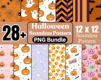 Cute Halloween Digital Paper Bundle, Spooky Ghost & Pumpkin Patterns, Orange Bat Scrapbook, Pink Backgrounds