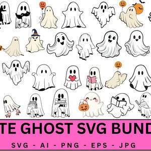 May include: A collection of cute ghost illustrations in various poses, some holding objects like books and pumpkins. The ghosts are in black and white with some orange accents. The text "CUTE GHOST SVG BUNDLE" is displayed at the bottom.