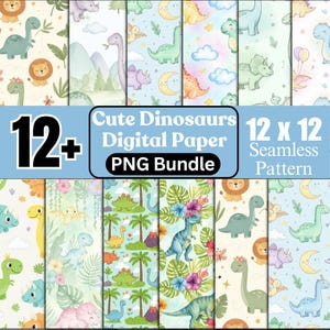 May include: A collection of 12+ digital papers with a seamless pattern featuring cute dinosaurs. The papers are 12 x 12 inches and include various dinosaur illustrations, flowers, and other elements in a watercolor style. The PNG bundle is perfect for crafting.