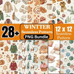 Puede incluir: Un paquete de arte digital con patrones sin costuras con temática invernal. Los patrones incluyen elementos acogedores como abrigos, mitones y productos horneados. La imagen incluye el texto "WINTER Seamless Pattern PNG Bundle".