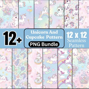 May include: A collection of 12+ seamless patterns featuring unicorns, cupcakes, rainbows, and other whimsical elements. The patterns are in pastel colors and are labeled as a "Unicorn And Cupcake Pattern PNG Bundle" with dimensions of 12 x 12.