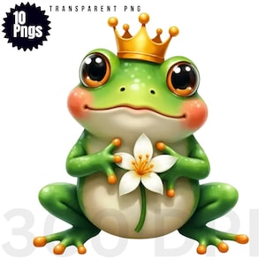 Può includere: Illustrazione di un cartone animato di una rana verde con una corona d'oro e un fiore bianco. La rana ha grandi occhi espressivi e guance rosee. Il testo "TRANSPARENT PNG" e "10 Pngs" è incluso.