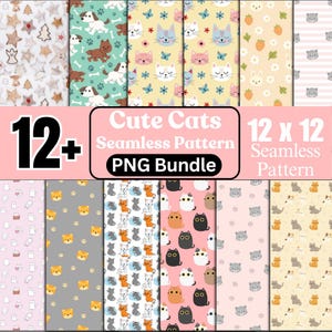 May include: A collection of twelve seamless patterns featuring various designs, including cats, dogs, and floral elements. The patterns are in a variety of colors, with the text "Cute Cats Seamless Pattern PNG Bundle" and "12 x 12 Seamless Pattern" displayed.