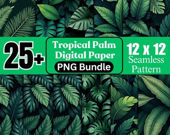 Tropical Palm Leaf Seamless Pattern: Green Jungle Digital Paper (PNG JPG)