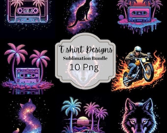 May include: A digital collection of 10 T-shirt designs featuring neon-colored graphics including a cassette tape, a galaxy cat, a motorcycle rider surrounded by flames, palm trees, a vintage car, and a wolf head, all set against a black background.