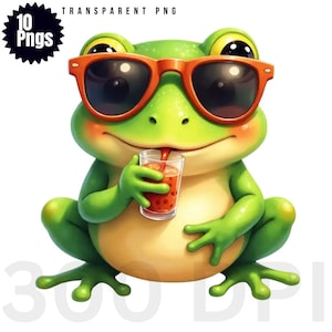 Op de afbeelding: Een cartoonkikker met een oranje zonnebril en een glas rode vloeistof met een rietje. De kikker is groen met een lichtgele buik en zit. De afbeelding heeft de tekst "TRANSPARENT PNG" en "10 Pngs".